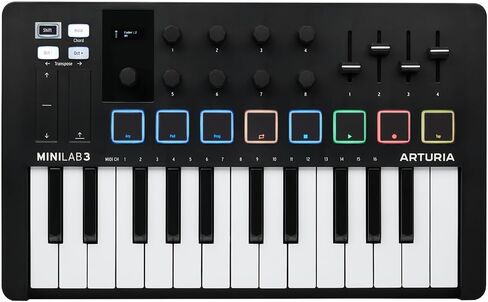 Arturia - MiniLab 3 - وحدة تحكم MIDI عالمية لإنتاج الموسيقى مع حزمة برامج كاملة - 25 مفتاحًا، 8 وسادات متعددة الألوان - أسود in Kuwait