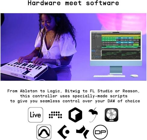 Arturia - MiniLab 3 - وحدة تحكم MIDI عالمية لإنتاج الموسيقى مع حزمة برامج كاملة - 25 مفتاحًا، 8 وسادات متعددة الألوان - أسود in Kuwait