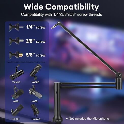 Low Profile Mic Arm,360° Rotatable Microphone Stand with 3/8" to 5/8" Adapter,Microphone Boom Arm Compatible for Fifine AM8 K669B Elgato Blue Yeti HyperX QuadCast AT2020 Shure SM58 SM7B in Kuwait