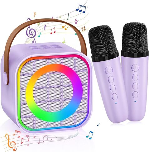 Mini Karaoke Machine with 2 Wireless Microphone, Portable Pink Bluetooth Speaker for Kids Adult, Birthday Teen Toys Gifts Ideas for Girls Ages 4 5 6 7 8 9 10 11 12+ Year Old, Family Home Party in Saudi Arabia