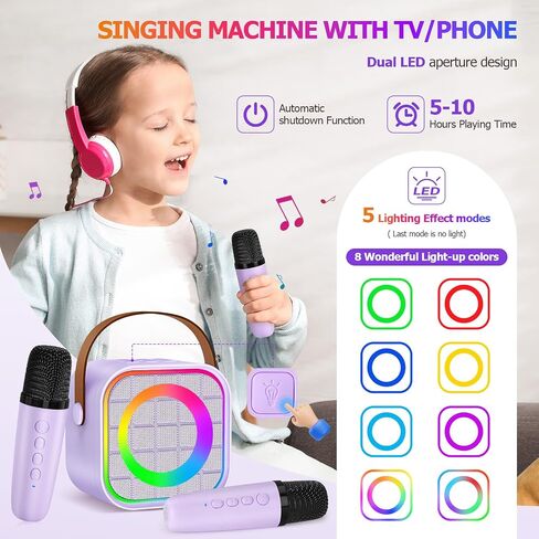 Mini Karaoke Machine with 2 Wireless Microphone, Portable Pink Bluetooth Speaker for Kids Adult, Birthday Teen Toys Gifts Ideas for Girls Ages 4 5 6 7 8 9 10 11 12+ Year Old, Family Home Party in Saudi Arabia
