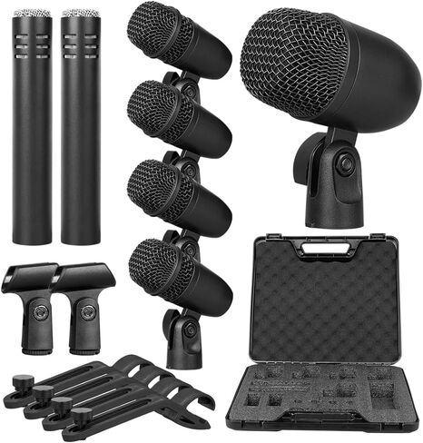 DJ7 7 Piece Wired Drum Mic Kit, Kick Bass Whole Metal Wired Dynamic Drum Mic Set for Tom/Snare & Cymbals Microphone,with Carrying Case + Thread Clip Inserts Mics Holder in Saudi Arabia