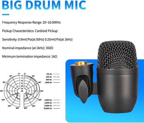 DJ7 7 Piece Wired Drum Mic Kit, Kick Bass Whole Metal Wired Dynamic Drum Mic Set for Tom/Snare & Cymbals Microphone,with Carrying Case + Thread Clip Inserts Mics Holder in Saudi Arabia