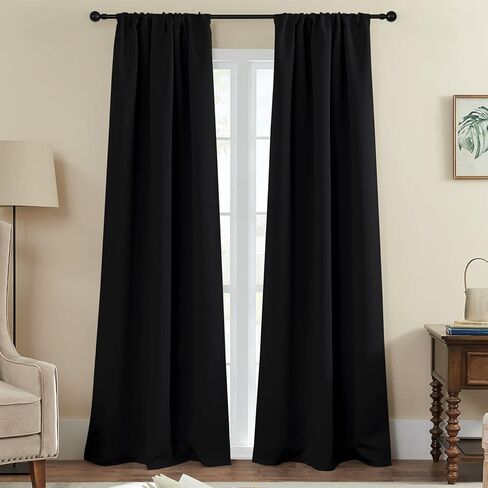 ستائر تعتيم روتريلو لغرفة النوم، ستائر جيب قضيب تعتيم الغرفة معزولة حراريًا لغرفة المعيشة، لوحتان (42 × 45 بوصة، أسود) in Kuwait