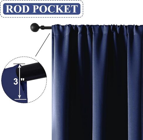 ستائر تعتيم روتريلو لغرفة النوم، ستائر جيب قضيب تعتيم الغرفة معزولة حراريًا لغرفة المعيشة، لوحتان (42 × 45 بوصة، أسود) in Kuwait