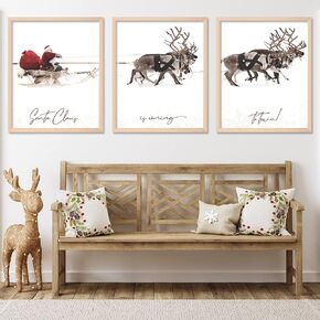 AnyDesign 3Pcs Christmas Wall Art Prints 13x17in Santa Claus Reindeer with Sleigh Art Poster Decor Large Aesthetic Xmas Posters Room Decor for Gallery Living Room Bathroom Wall Decor(UNFRAMED)