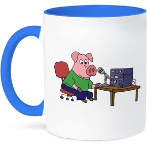 3dRose Funny Pink Pig Using Ham Radio Cartoon Mug, 11 oz