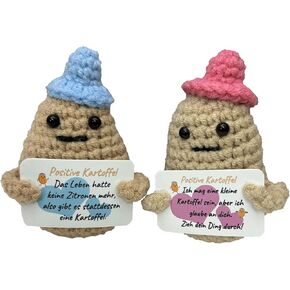 2Pcs Positive Potato，Funny Couples Wool Knitting Doll Potato with Positive Card Cheer Up Gifts for Christmas Birthday Party Gift Home Decoration (Coffee + Khaki)