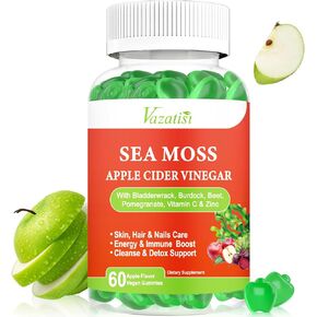 2 Pack Irish Sea Moss Gummies with Pomegranate Beet Root Bladderwrack Burdock Vitamin C Zinc Supplement for Digestion Mood Energy Immune Support, Apple Flavor