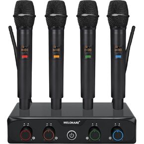 4-Channel Wireless Microphone System, UHF Compact Cordless Mic Set w/ 4x10 Frequencies, 200ft Range, Dynamic Handheld Microphone for Singing, Karaoke, Church, DJ, Wedding (MWM-41-4H)