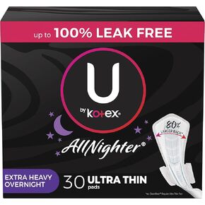 U by Kotex AllNighter Extra Heavy Overnight Feminine Pads with Wings, Ultra Thin, 60 Count (3 Packs of 20) (Packaging May Vary)