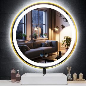 28 Inch Gold Round Vanity Mirror with Lights Gold Frame Round Lighted Mirror for Bathroom Wall Circle Round LED Mirror Anti-Fog 3 Color Dimmable Bathroom 28" Gold Round Smart Light up Mirror