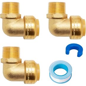 SUNGATOR 1/2 Inch Pushfit Male NPT Elbow, No Lead Brass Push-to-Connect Plumbing Fittings to Connect PEX, Copper, CPVC, With A Disconnect Clip and A Sealing Tape, Pack of 6