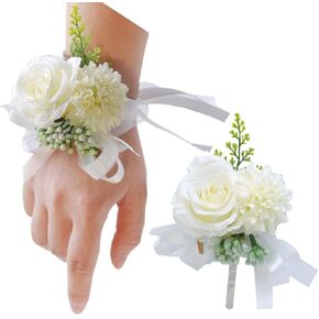 2PCS Rose Flower Wrist Corsage Boutonniere Set,Boutonniere for Men Wedding White Rose Corsage Wristlet for Women Bride Bridesmaid Wrist Corsagefor Wedding Party Prom Decorations