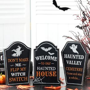 Glitzhome 25"L Halloween Wooden Table Signs Plaques Hinged Haunted House Tabletop Decor with"Happy Halloween" Sayings Farmhouse Halloween Wood Block Sign Decorations Ghost Day for Home Office