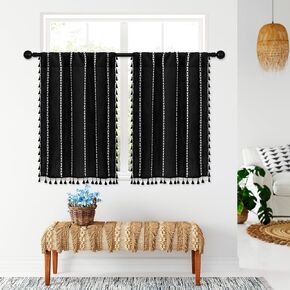 MitoVilla Black White Boho Kitchen Curtains 24 Inch Length Sets, 2 Panels Farmhouse Cafe Curtains with Tassel, Short Tier Small Cotton Linen Curtain for RV Bathroom Sink Cabinet Half Door Bay Windows in Kuwait