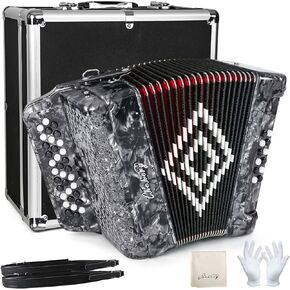 34-Key Diatonic Accordion 12 Bass F/B/E, Accordion Instruments for Adults With Suitcase, Cleaning Cloth, Straps and Gloves (SILVER)