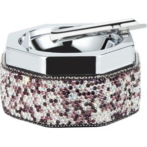 Ashtray,Stainless Steel Ashtray with Lid Bling Crystal Diamonds,Cigarette Ashtray for Indoor or Outdoor Use,Ash Holder for Smokers,Desktop Smoking Ash Tray for Home Office,Polyhedron - Silver