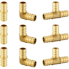 EFIELD 18 PCS Pex Barb Crimp Brass Fitting Combo: 3/4" 90 Degree Elbow (8PCS), 3/4" Straight Coupling (6PCS), 3/4" Tee (4 PCS)