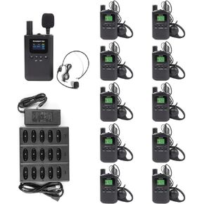 AGJ Wireless Tour Guide System 1 Transmitter 10 Receivers 1 Charger Rechargeable Simultaneous Interpretation System Court Church Translation System for Training Factory Tour Group Teaching Conference