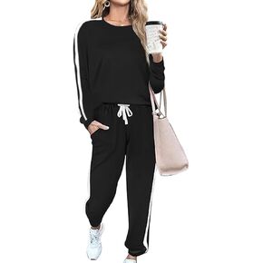 Womens 2 Piece Outfits Lounge Set Crewneck Long Sleeve Sweatshirts Elastic Striped Pants Sweatsuit with Pockets