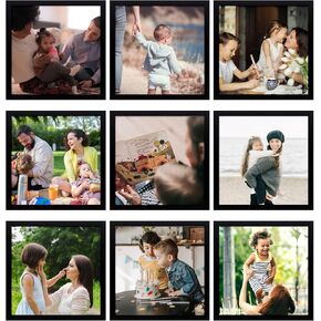 AUEAR, 6x6 Square Frame, 4 Pack, Solid Wood and High Definition Glass, Display Pictures 4x4 with Mat or 6x6 Without Mat, Wall Display, Decorate Home or Office, Black