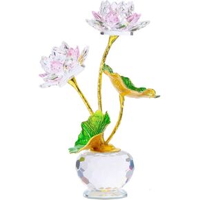 YWHL Blue Crystal Lotus Flower Figurine with Vase, Handmade Lotus Gifts Bouquet for Women on Birthday Christmas Mother's Day, Glass Lotus Flower Home Party Office Decor