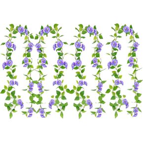 4Pcs 7.7 FT Flower Garland, Hanging Artificial Morning Glory Vine Flowers with Green Leaves UV Resistant Fake Plastic Faux Silk Fabric Ivy Flower for Room, Wedding Anniversary Garden Wall Arch Décor