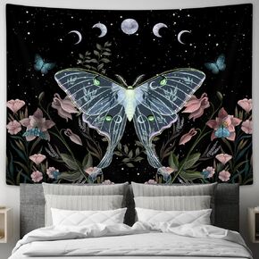 Drgilau Blue Moth Tapestry Wall Hanging, Moon Phase Stars Cute Plants Butterfly Floral Botanical Nature Aesthetic Celestial Wall Tapestries for Bedroom Home Living Room Dorm 40X30 Inch