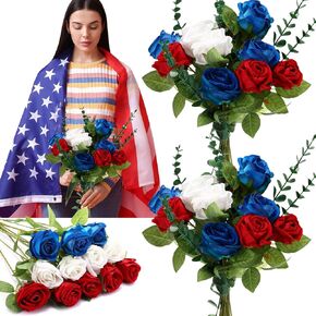 48 Pcs Patriotic Memorial Bouquet Artificial Flowers, 4th of July Flowers Artificial Red and White Flowers for Cemetery Memorial Day Home Wedding Patriotic Bouquet (Roses Carnation Daisy)