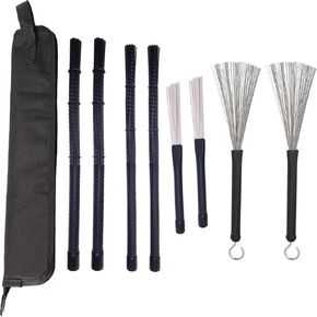 Jiayouy 4 Pair Drum Brush Kit 2 Pair Nylon Drum Brushes for Cajon, 2 Pair Retractable Drum Wire Brushes and Nylon Brush Stick with Comfortable Rubber Handles for Jazz Cajon Drum Percussion Accessory