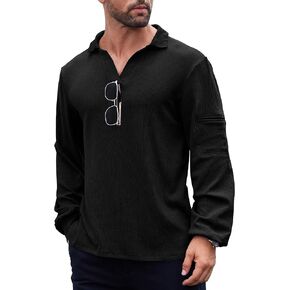 Men's Knit Polo Shirts Long Sleeve V Neck Golf Shirt Fashion Casual Polo T Shirts Stretch Ribbed Knit Shirt