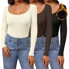 Huukeay 3 Pack Women's Long Sleeve Thermal Shirts, Scoop Neck Slim Fit Underwear Tops T Shirts Baselayer Tops