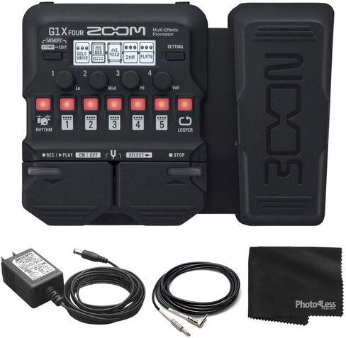 Zoom G1X Four Guitar Effects Processor with Built-In Expression Pedal + Zoom AD-16 9V AC adapter + Guitar Instrument Cable w Right Angle Plug + Photo4Less Cleaning Cloth - Deluxe Bundle in Saudi Arabia
