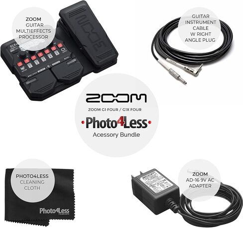 Zoom G1X Four Guitar Effects Processor with Built-In Expression Pedal + Zoom AD-16 9V AC adapter + Guitar Instrument Cable w Right Angle Plug + Photo4Less Cleaning Cloth - Deluxe Bundle in Saudi Arabia