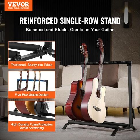 VEVOR 5-Space Guitar Stand, Hold Up to 5 Guitars, Floor-Standing Multiple Guitars Display Foldable Rack with Anti-Slip Base Security Pin High-Density Foam Protection, for Guitar Acoustic Electric Bass in Saudi Arabia