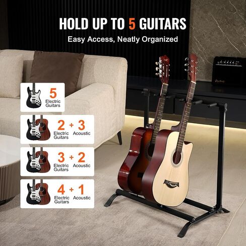 VEVOR 5-Space Guitar Stand, Hold Up to 5 Guitars, Floor-Standing Multiple Guitars Display Foldable Rack with Anti-Slip Base Security Pin High-Density Foam Protection, for Guitar Acoustic Electric Bass in Saudi Arabia