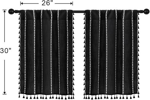 MitoVilla Black White Boho Kitchen Curtains 24 Inch Length Sets, 2 Panels Farmhouse Cafe Curtains with Tassel, Short Tier Small Cotton Linen Curtain for RV Bathroom Sink Cabinet Half Door Bay Windows in Kuwait