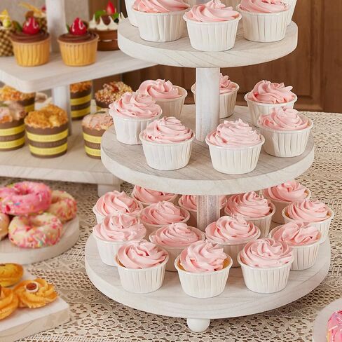 3 Tier Cupcake Stand Round,Wood Cake Stand with Tiered Tray Decor,Rustic Cake Stand,Cupcake Display for Home Tea Party, Birthday, Wedding, Farmhouse Decor,Woodland Baby Shower…… in Saudi Arabia
