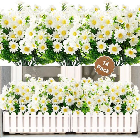 14 Bundles Artificial Daisy Flowers, Fake Silk Daisy UV Resistant Faux Plastic Greenery Shrubs Plants for Indoor Outdoor Hanging Planter Home Garden Wedding Porch Window Decor in Saudi Arabia