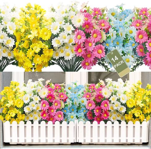 14 Bundles Artificial Daisy Flowers, Fake Silk Daisy UV Resistant Faux Plastic Greenery Shrubs Plants for Indoor Outdoor Hanging Planter Home Garden Wedding Porch Window Decor in Saudi Arabia