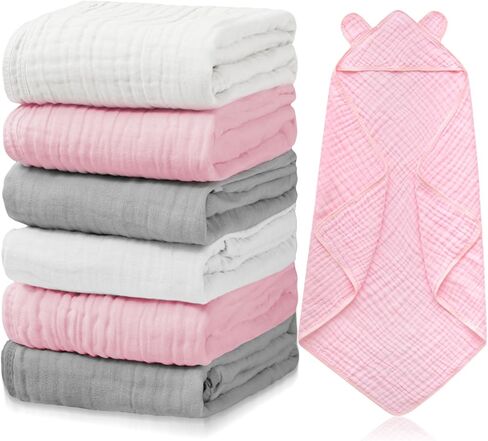 Preboun 3 Pcs Muslin Baby Bath Towel with Hood 6 Layers Cute Hooded Baby Towels Cotton Absorbent Baby Hooded Towel for Newborn Kids Girl Infant Boys Toddler Shower Gift Supplies (Grey,Blue,White) in Saudi Arabia