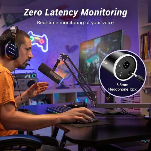 TONOR XLR/USB Gaming Microphone Kit, RGB Dynamic PC Mic for Streaming Podcasting with Low Profile Boom Arm, Metal Recording Mic with Gain Control, Mute, Monitoring for Mac Android Tablet PS4/5 TD520S+ in Kuwait