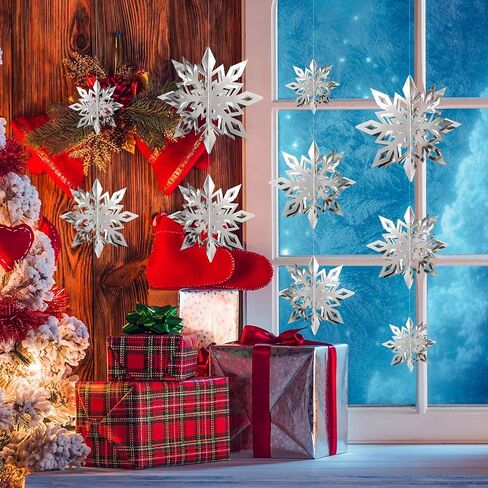 12PCS Christmas Snowflake Hanging Decorations - Holiday/New Year/Winter Wonderland Party Supplies Favors 3D Glitter Large White Snowflakes in Saudi Arabia