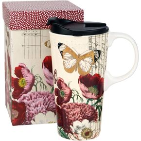 Topadorn Tall Ceramic Travel Mug 17 oz. Coffee Cups Sealed Lid With Color Box (Purple Flower)