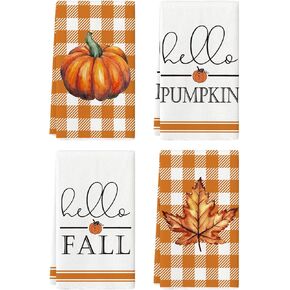 Artoid Mode Buffalo Plaid Pumpkin Hello Fall Kitchen Towels Dish Towels, 18x26 Inch Decoration Hand Towels Set of 4