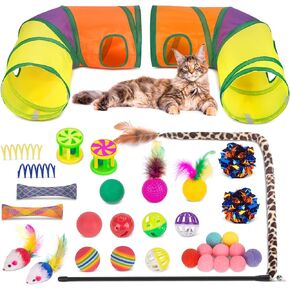 Cat Toys 25 Pcs,Kitten Toys for Indoor Cats,4 Collapsible Cat Tunnel Tubes Interactive Feather Teaser Wand Toy for Kitten Cats Springs Mouse Crinkle Toys Rainbow Football Cat Ball with Bell Toy