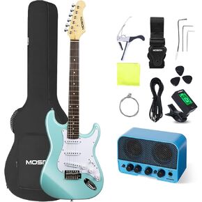 MOSEN 39in Full Size Beginner Electric Guitar Starter Kit, Beginner Starter, with Amplifier, SSS Pickups, Gig Bag, Pick, Tunner, Capo, Cable, Tremolo Bar, Wiping cloth - Blue