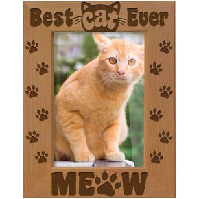 KATE POSH - You had me at Meow Natural Wood Engraved Wood Picture Frame, Cat Lover Gifts, Cat & Kitty Paws and fish decor, I Love My Cat Gifts, Best Cat Ever Gifts for Christmas (4x6-Vertical)
