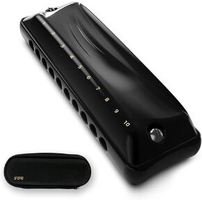 JDR Harmonica Key of Bb Ninja, Blues Mini Harp 10 Holes 20 Tones Musical with Protective Case for Adults Kids Beginners Professional Musician Folk Rock Jazz Standard Diatonic Mouth Organ Black